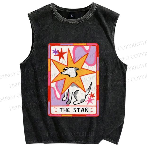 Unisex the Star Dog in Card Printed Washed Tank Top