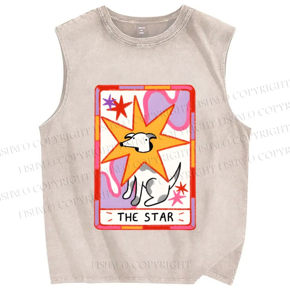 Unisex the Star Dog in Card Printed Washed Tank Top