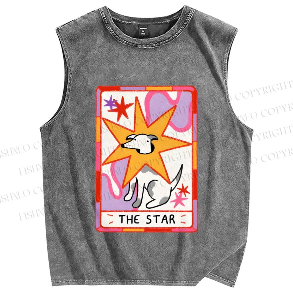 Unisex the Star Dog in Card Printed Washed Tank Top