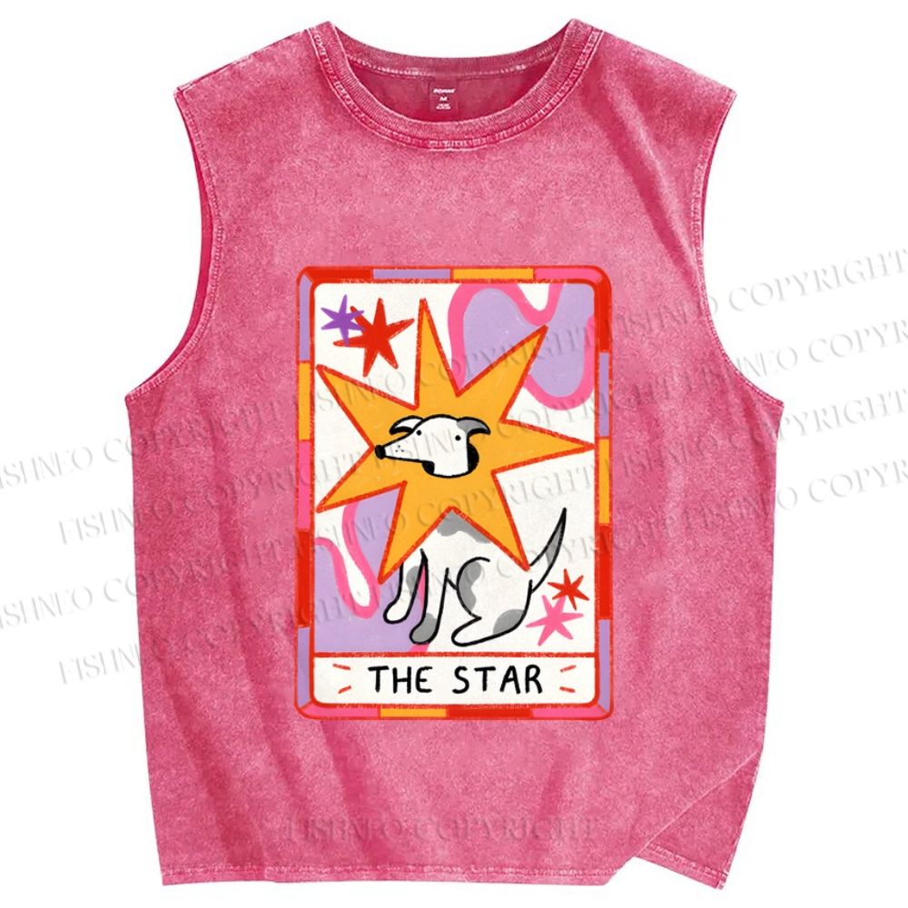 Unisex the Star Dog in Card Printed Washed Tank Top