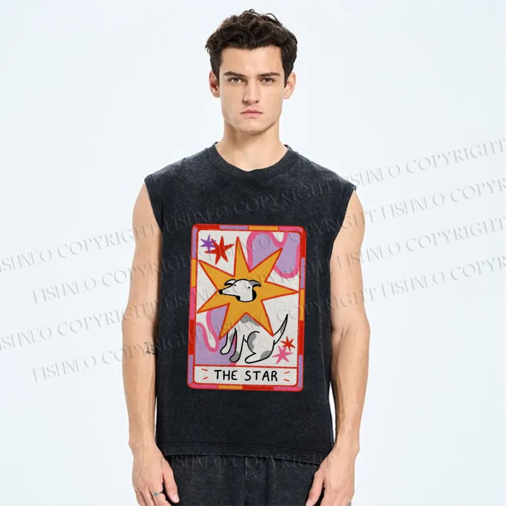 Unisex the Star Dog in Card Printed Washed Tank Top