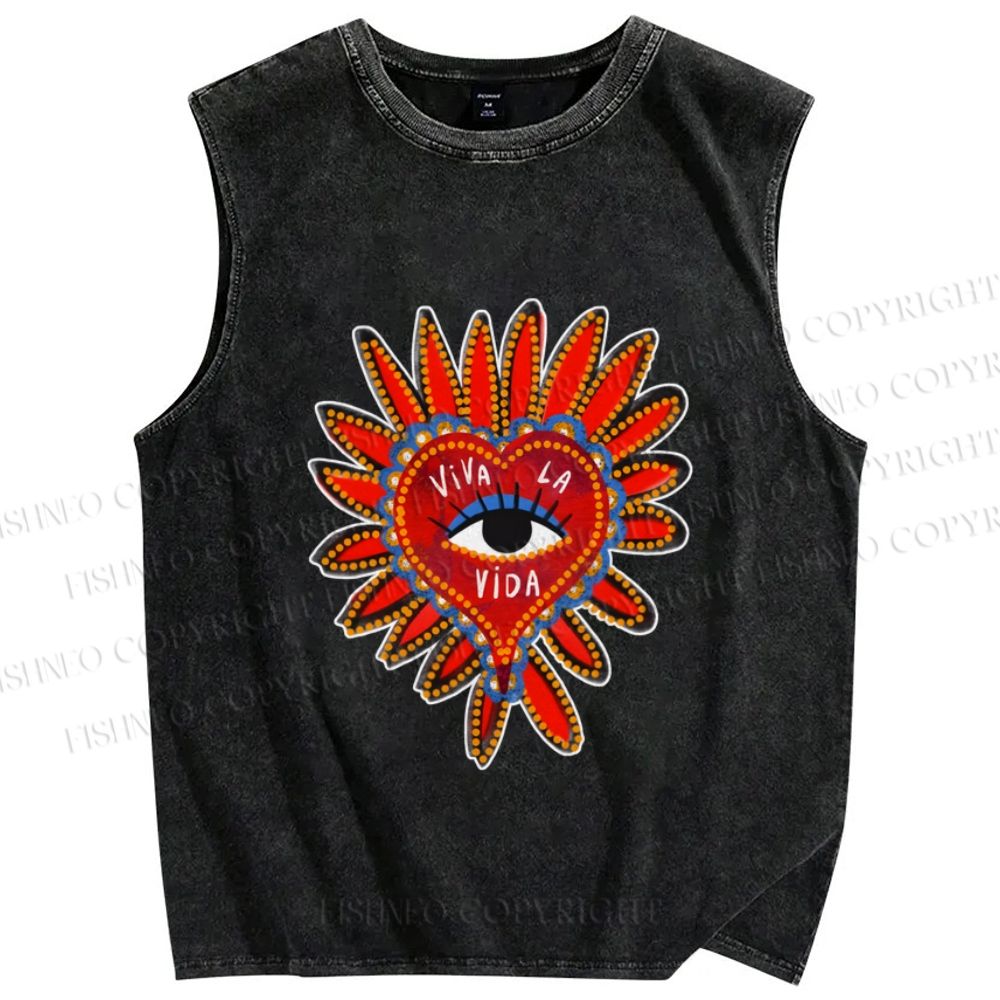 Unisex Weird Eye in Love Heart Printed Washed Tank Top