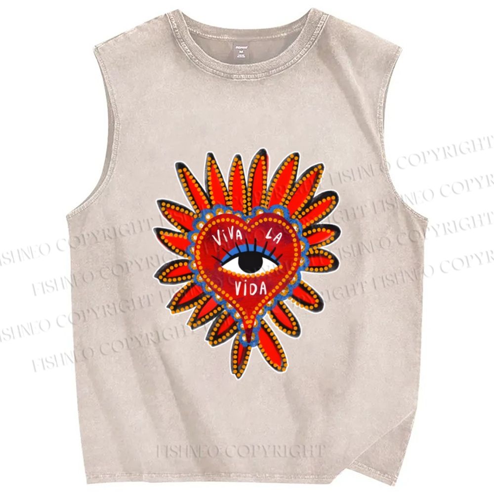 Unisex Weird Eye in Love Heart Printed Washed Tank Top