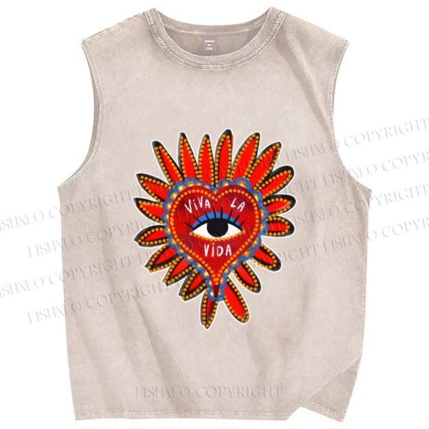 Unisex Weird Eye in Love Heart Printed Washed Tank Top