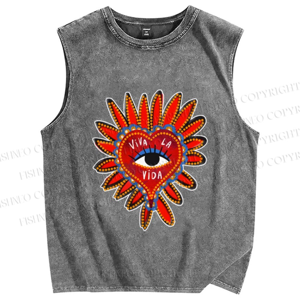 Unisex Weird Eye in Love Heart Printed Washed Tank Top