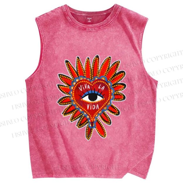 Unisex Weird Eye in Love Heart Printed Washed Tank Top