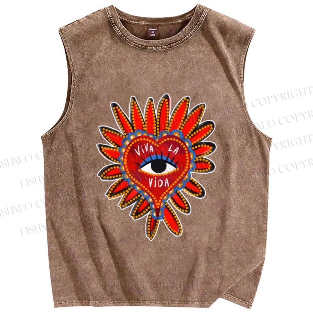 Unisex Weird Eye in Love Heart Printed Washed Tank Top