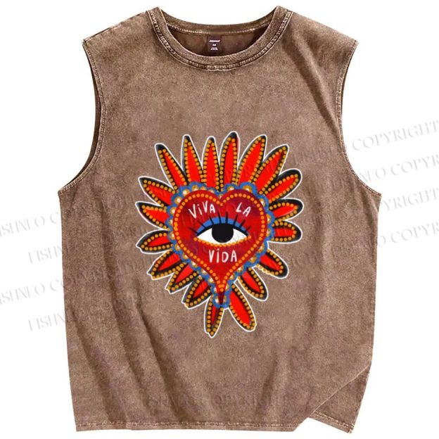 Unisex Weird Eye in Love Heart Printed Washed Tank Top