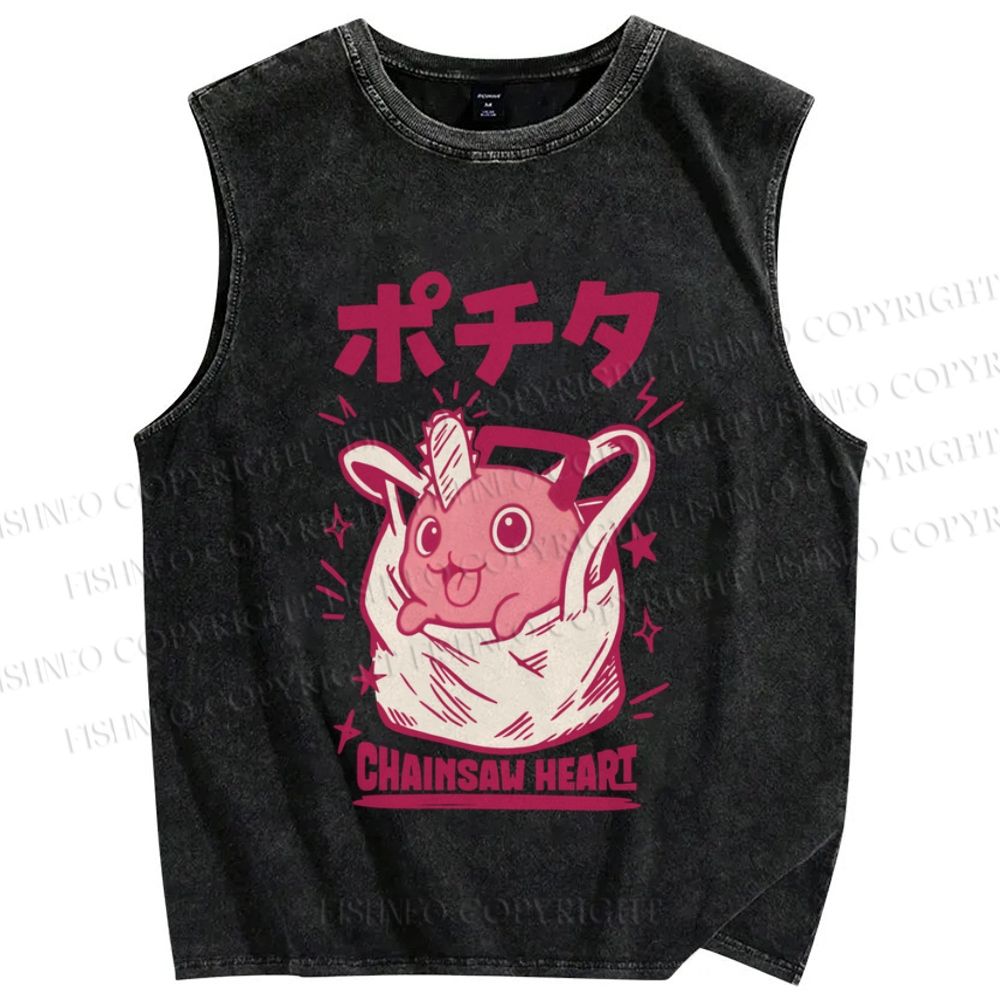 Unisex Japanese Pochita Chainsaw Heart Printed Washed Tank Top
