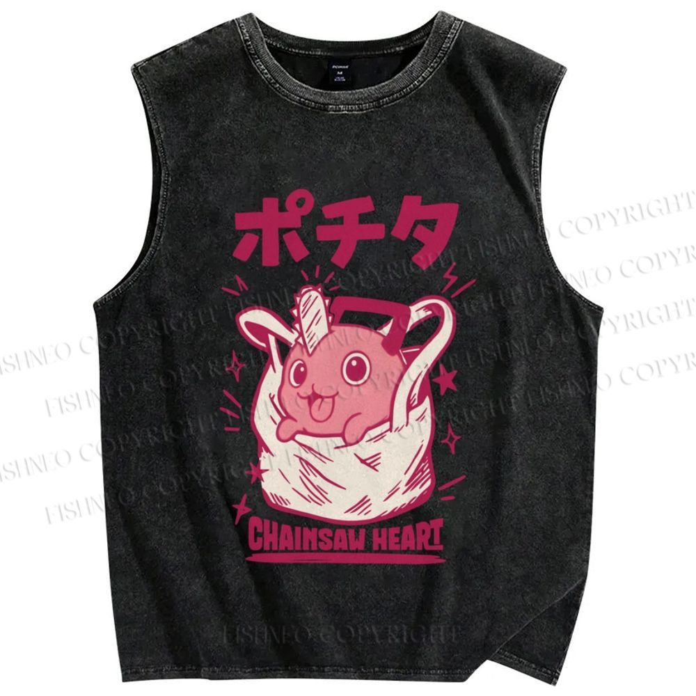 Unisex Japanese Pochita Chainsaw Heart Printed Washed Tank Top