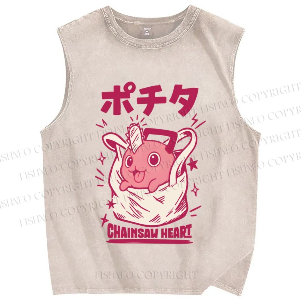 Unisex Japanese Pochita Chainsaw Heart Printed Washed Tank Top