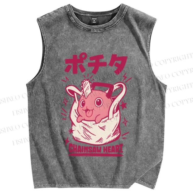 Unisex Japanese Pochita Chainsaw Heart Printed Washed Tank Top