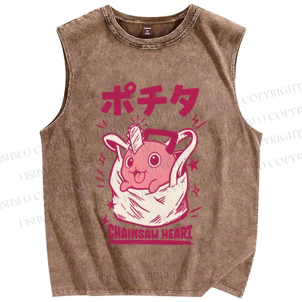 Unisex Japanese Pochita Chainsaw Heart Printed Washed Tank Top