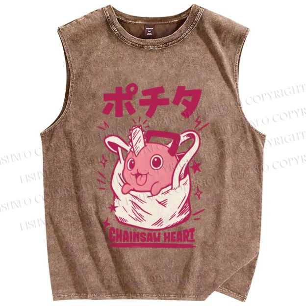 Unisex Japanese Pochita Chainsaw Heart Printed Washed Tank Top
