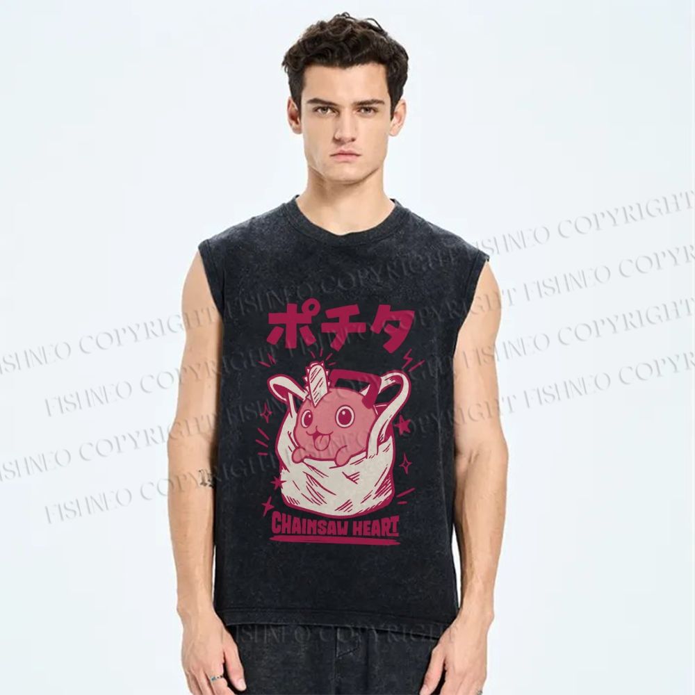 Unisex Japanese Pochita Chainsaw Heart Printed Washed Tank Top