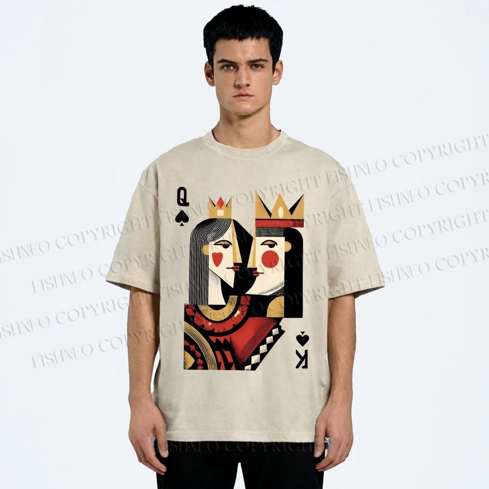 Unisex Artistic Geometric Playing Cards Printed Washed Tee