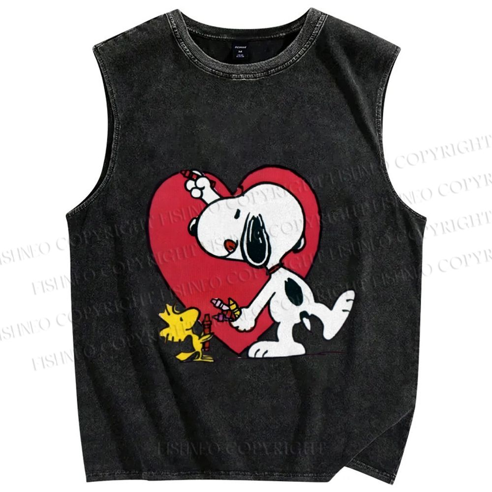 Unisex Snoopy Drawing a Heart Printed Washed Tank Top
