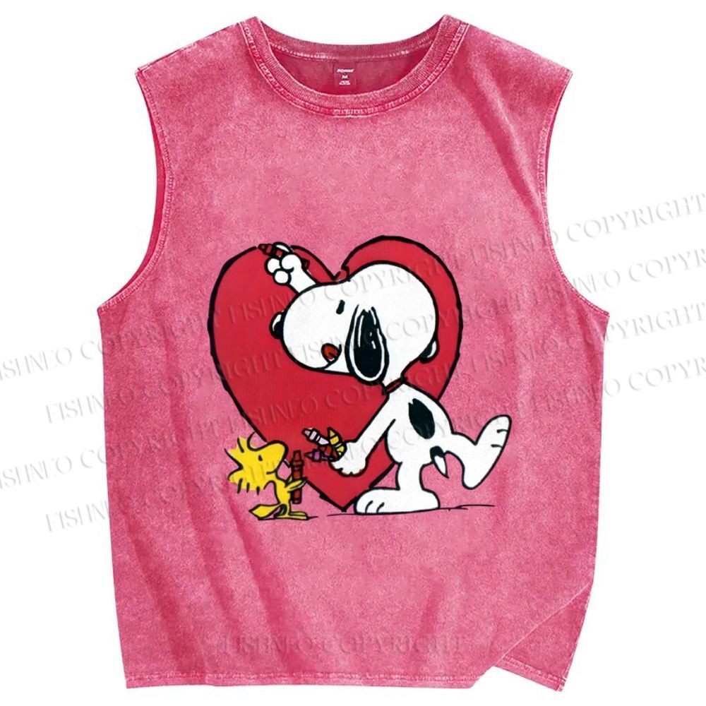 Unisex Snoopy Drawing a Heart Printed Washed Tank Top