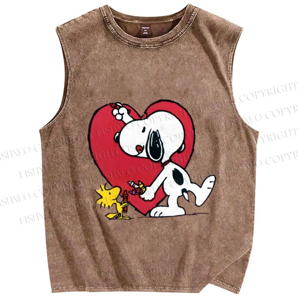 Unisex Snoopy Drawing a Heart Printed Washed Tank Top