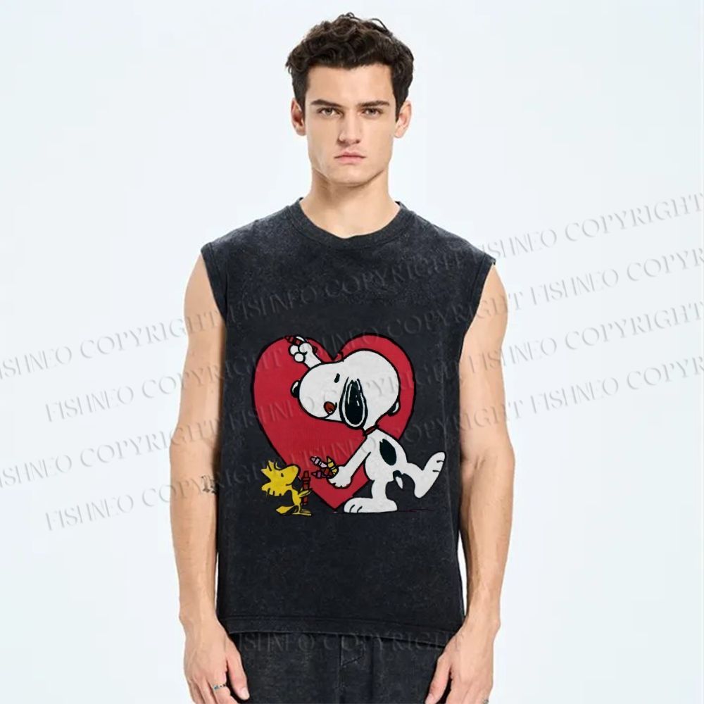 Unisex Snoopy Drawing a Heart Printed Washed Tank Top