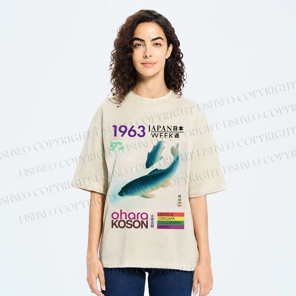 Unisex Blue Koi Fish Japan Week Printed Washed Tee