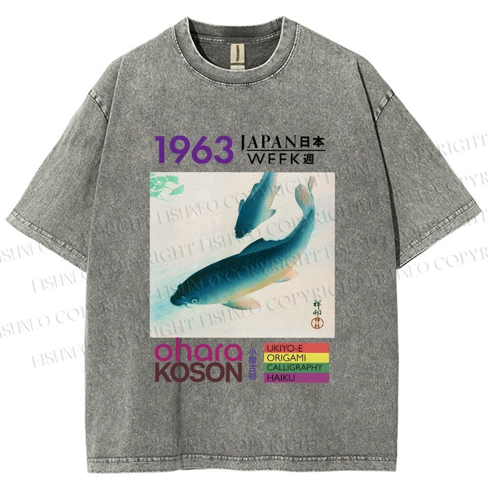 Unisex Blue Koi Fish Japan Week Printed Washed Tee