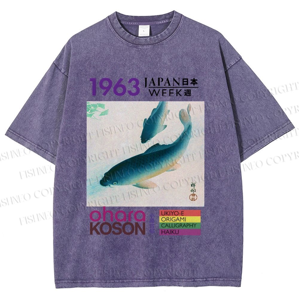 Unisex Blue Koi Fish Japan Week Printed Washed Tee