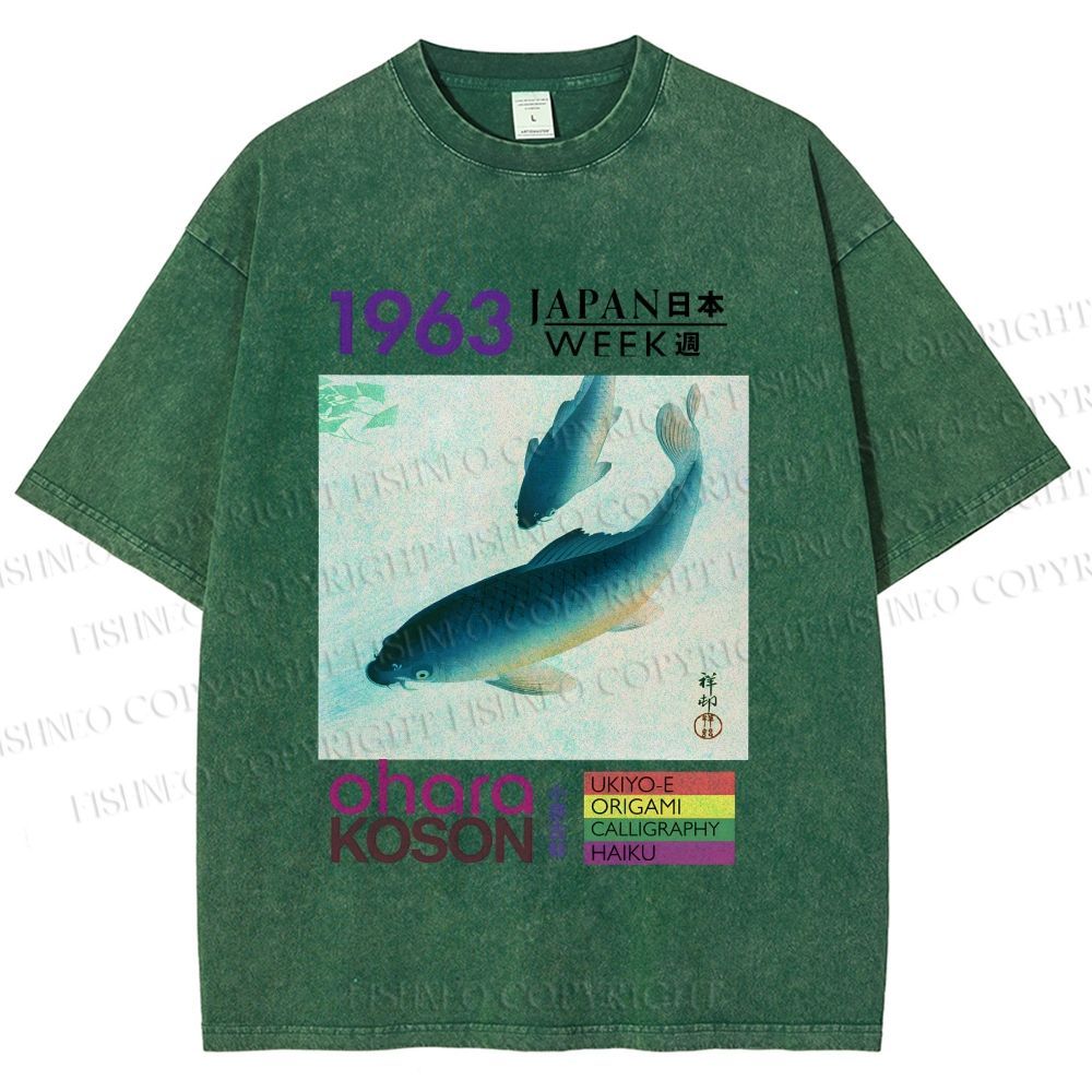 Unisex Blue Koi Fish Japan Week Printed Washed Tee
