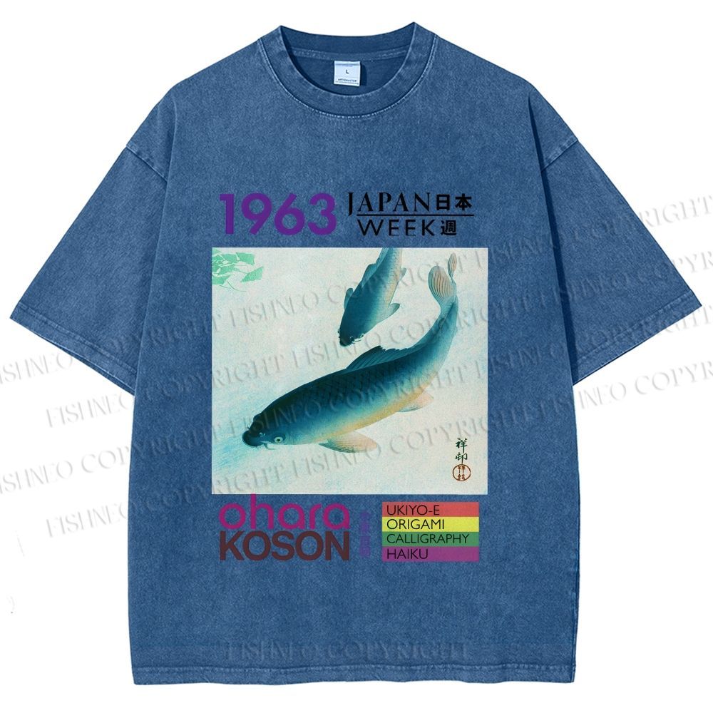 Unisex Blue Koi Fish Japan Week Printed Washed Tee