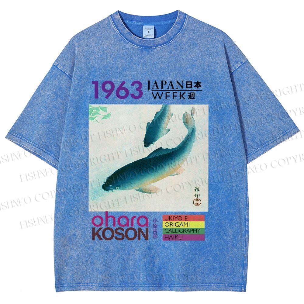 Unisex Blue Koi Fish Japan Week Printed Washed Tee