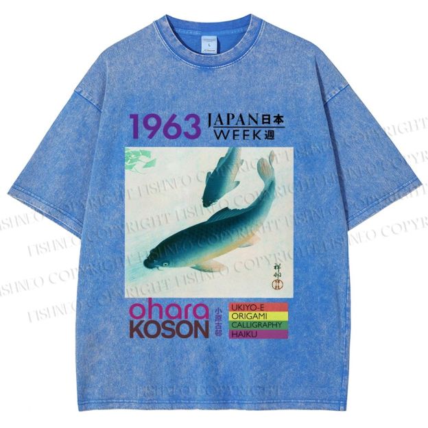 Unisex Blue Koi Fish Japan Week Printed Washed Tee