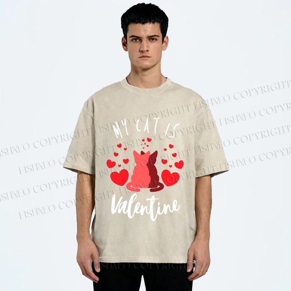 Unisex My Cat Is Valentine Printed Washed Tee