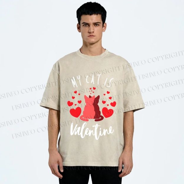Unisex My Cat Is Valentine Printed Washed Tee
