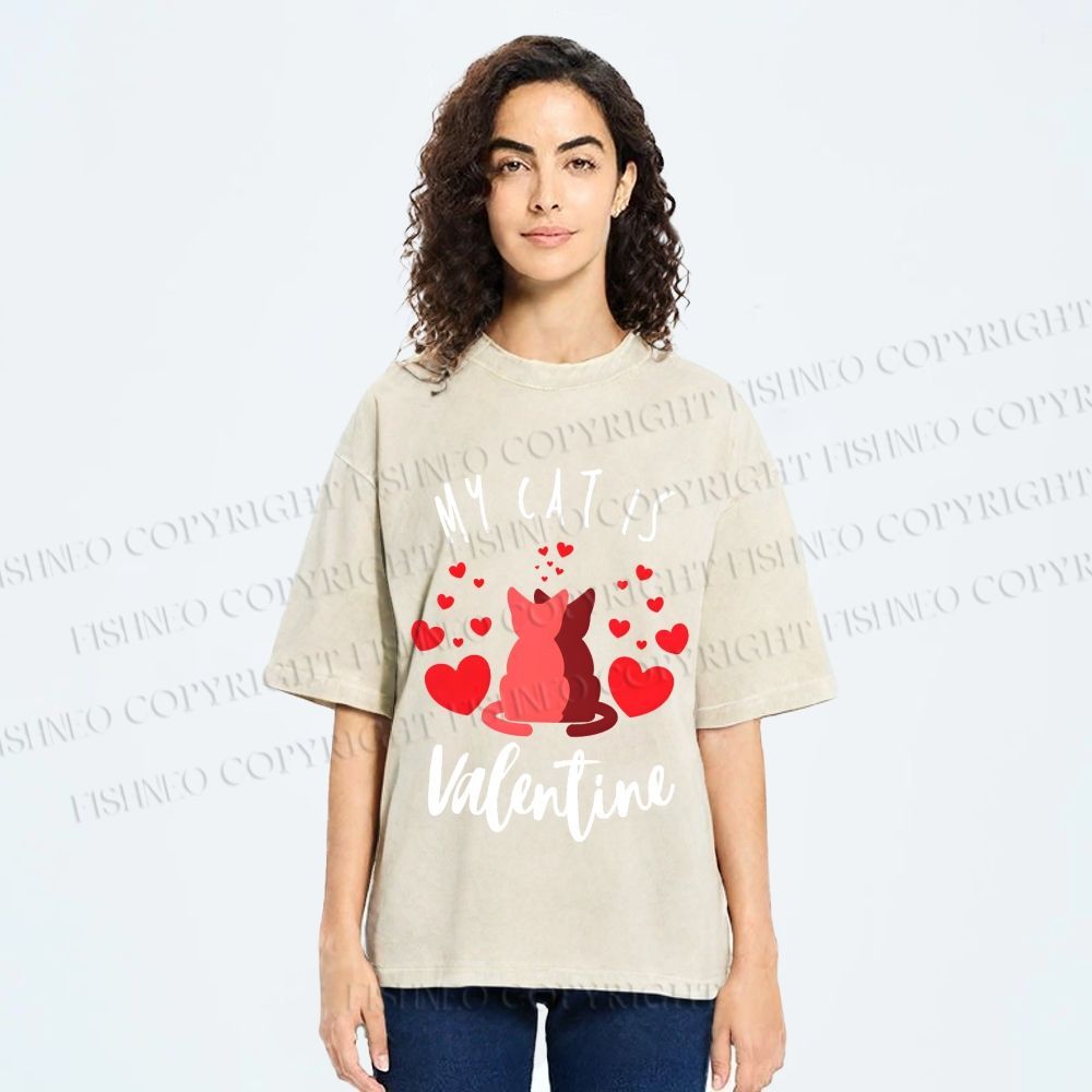 Unisex My Cat Is Valentine Printed Washed Tee
