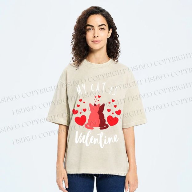 Unisex My Cat Is Valentine Printed Washed Tee