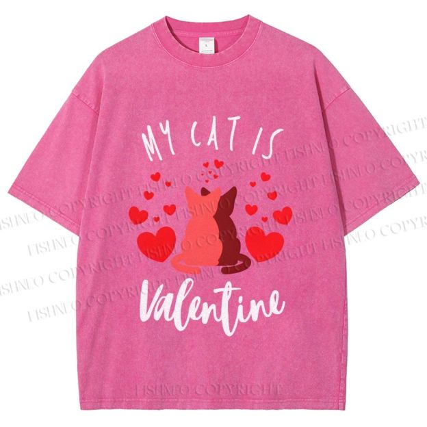 Unisex My Cat Is Valentine Printed Washed Tee