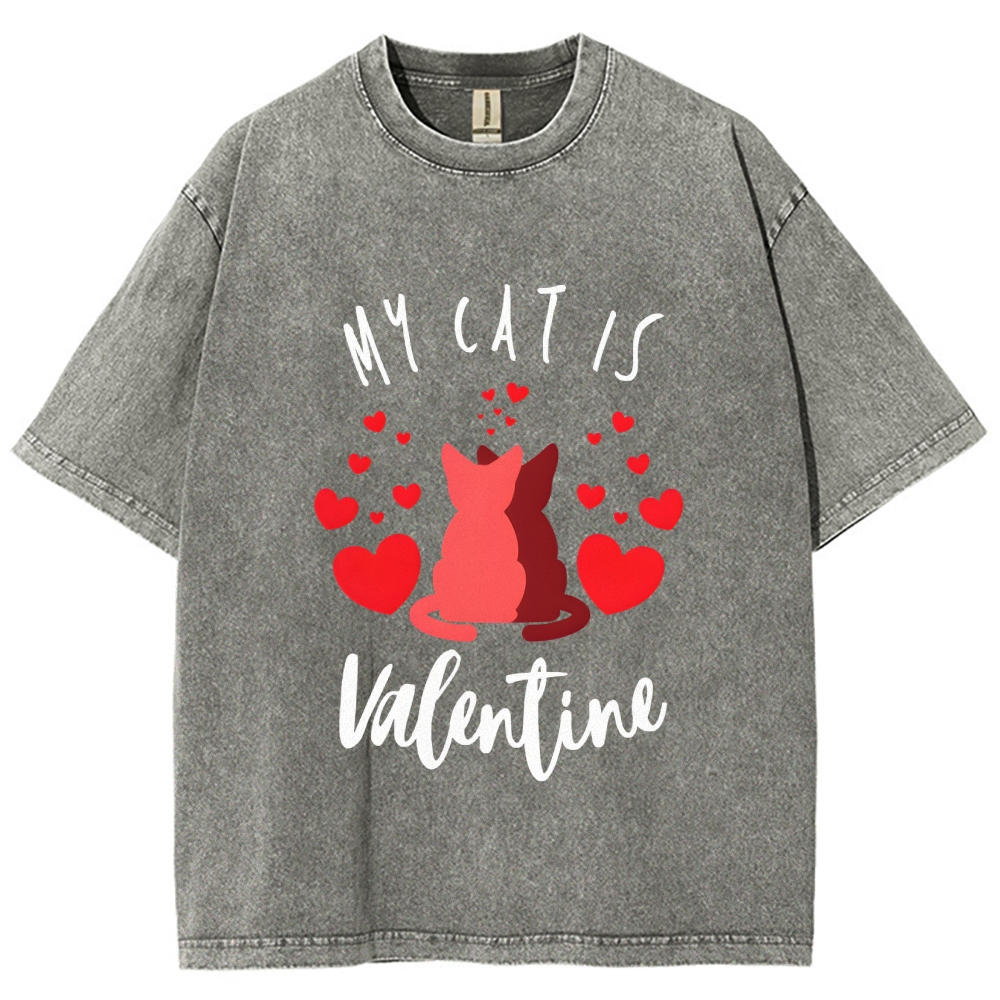 Unisex My Cat Is Valentine Printed Washed Tee