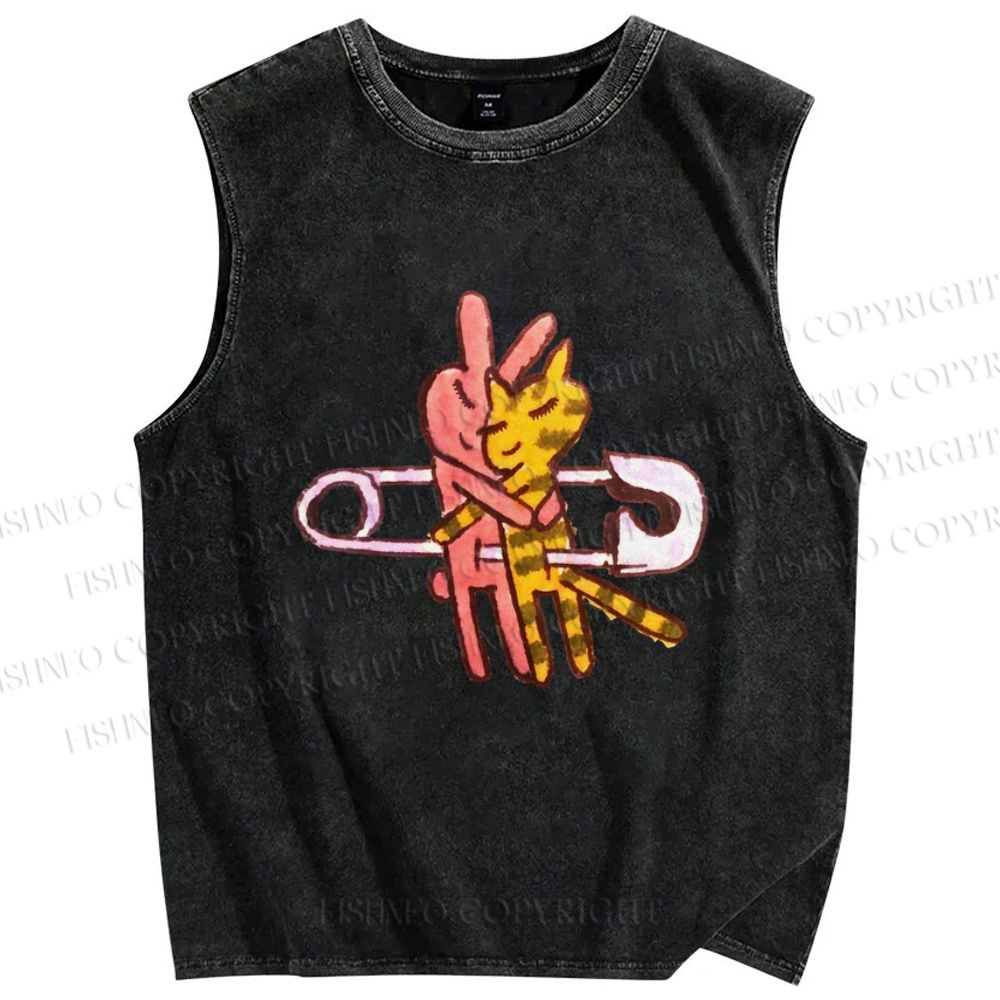 Unisex Hugging Cats And Rabbits Printed Washed Tank Top