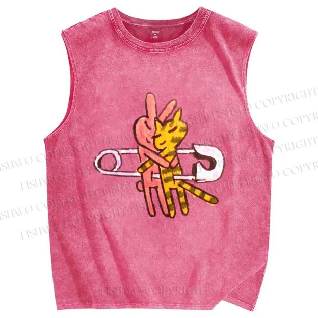 Unisex Hugging Cats And Rabbits Printed Washed Tank Top