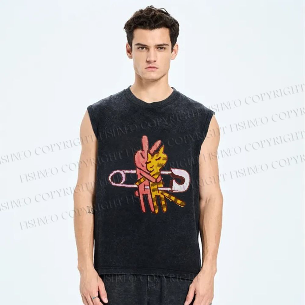 Unisex Hugging Cats And Rabbits Printed Washed Tank Top