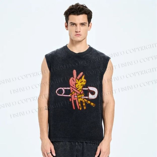 Unisex Hugging Cats And Rabbits Printed Washed Tank Top