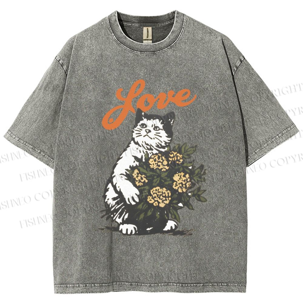 Unisex Vintage Cat Holding Flowers Printed Washed Tee
