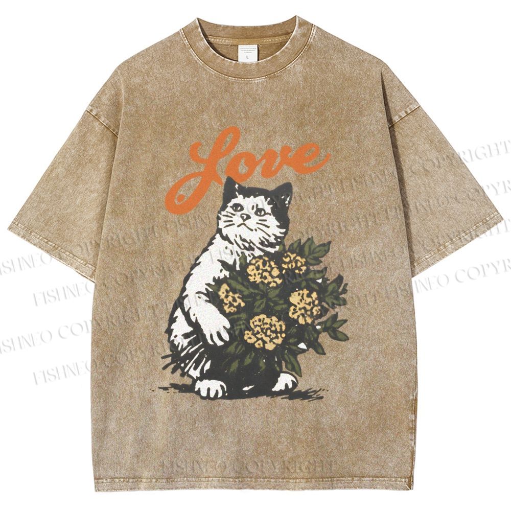 Unisex Vintage Cat Holding Flowers Printed Washed Tee