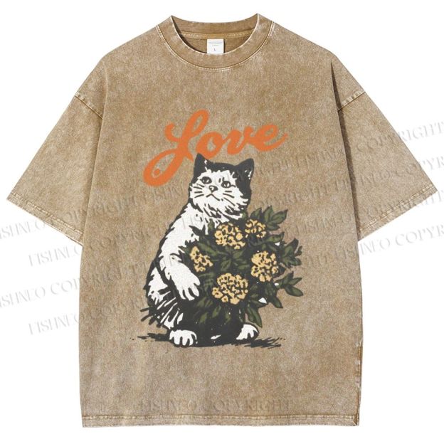 Unisex Vintage Cat Holding Flowers Printed Washed Tee