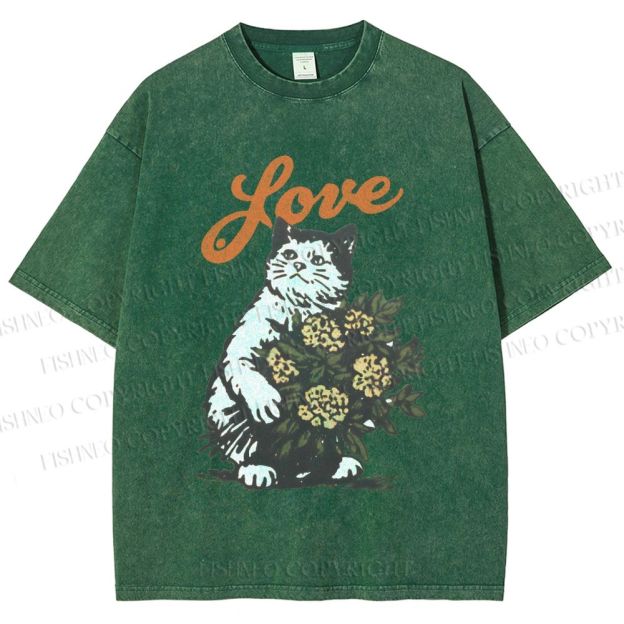 Unisex Vintage Cat Holding Flowers Printed Washed Tee