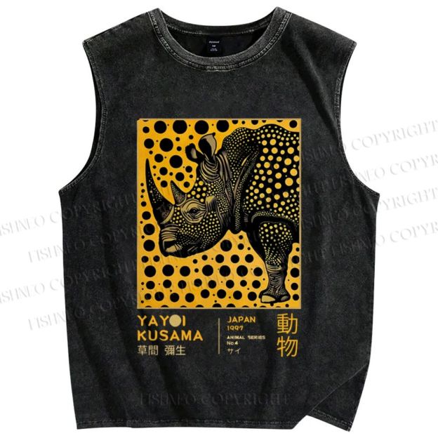 Unisex Japanese Rhinoceros Yayoi Kusama Printed Washed Tank Top