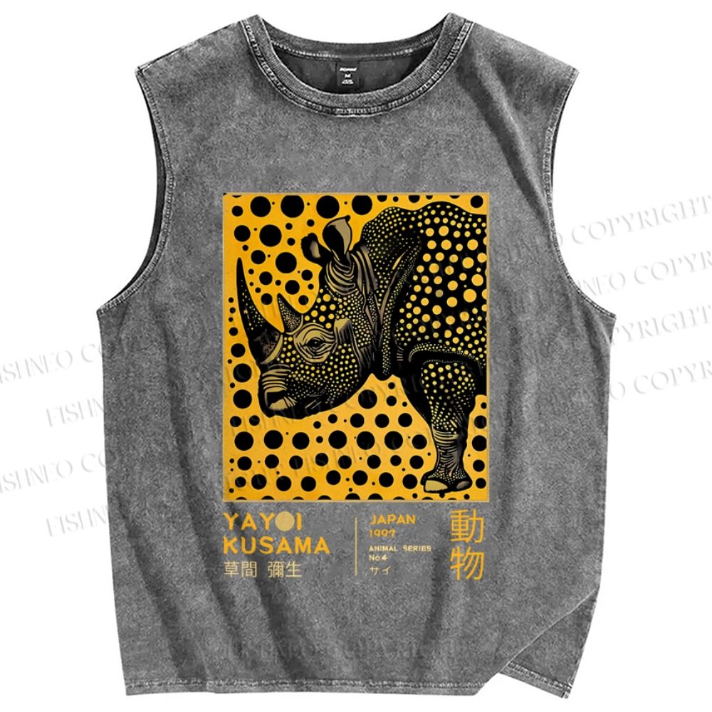 Unisex Japanese Rhinoceros Yayoi Kusama Printed Washed Tank Top