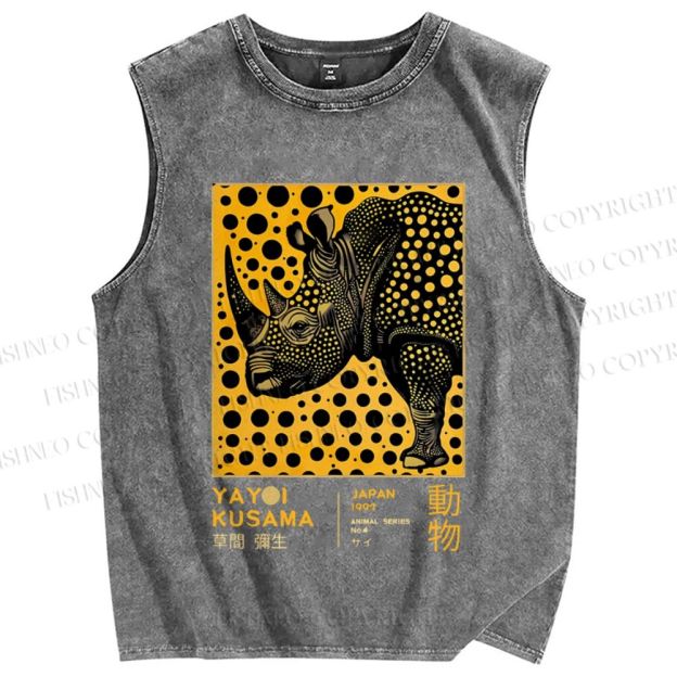 Unisex Japanese Rhinoceros Yayoi Kusama Printed Washed Tank Top