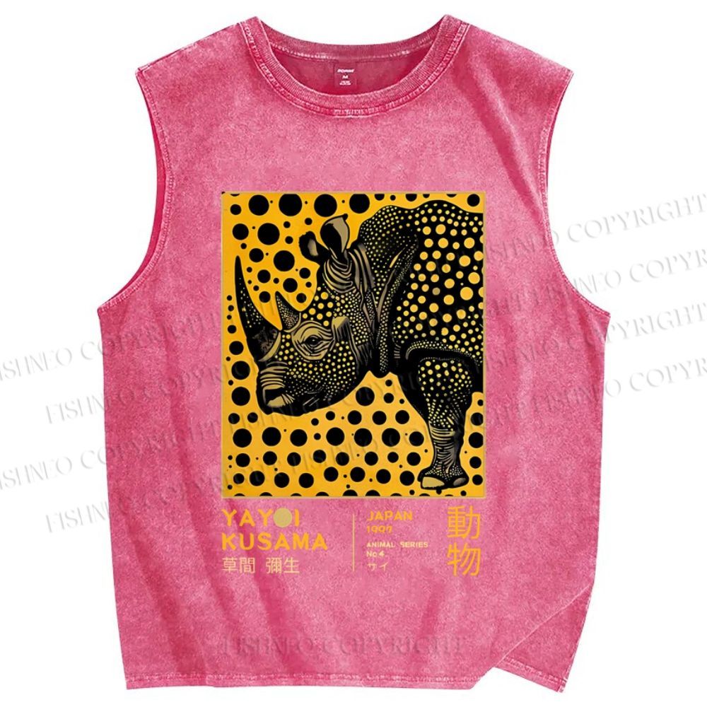 Unisex Japanese Rhinoceros Yayoi Kusama Printed Washed Tank Top
