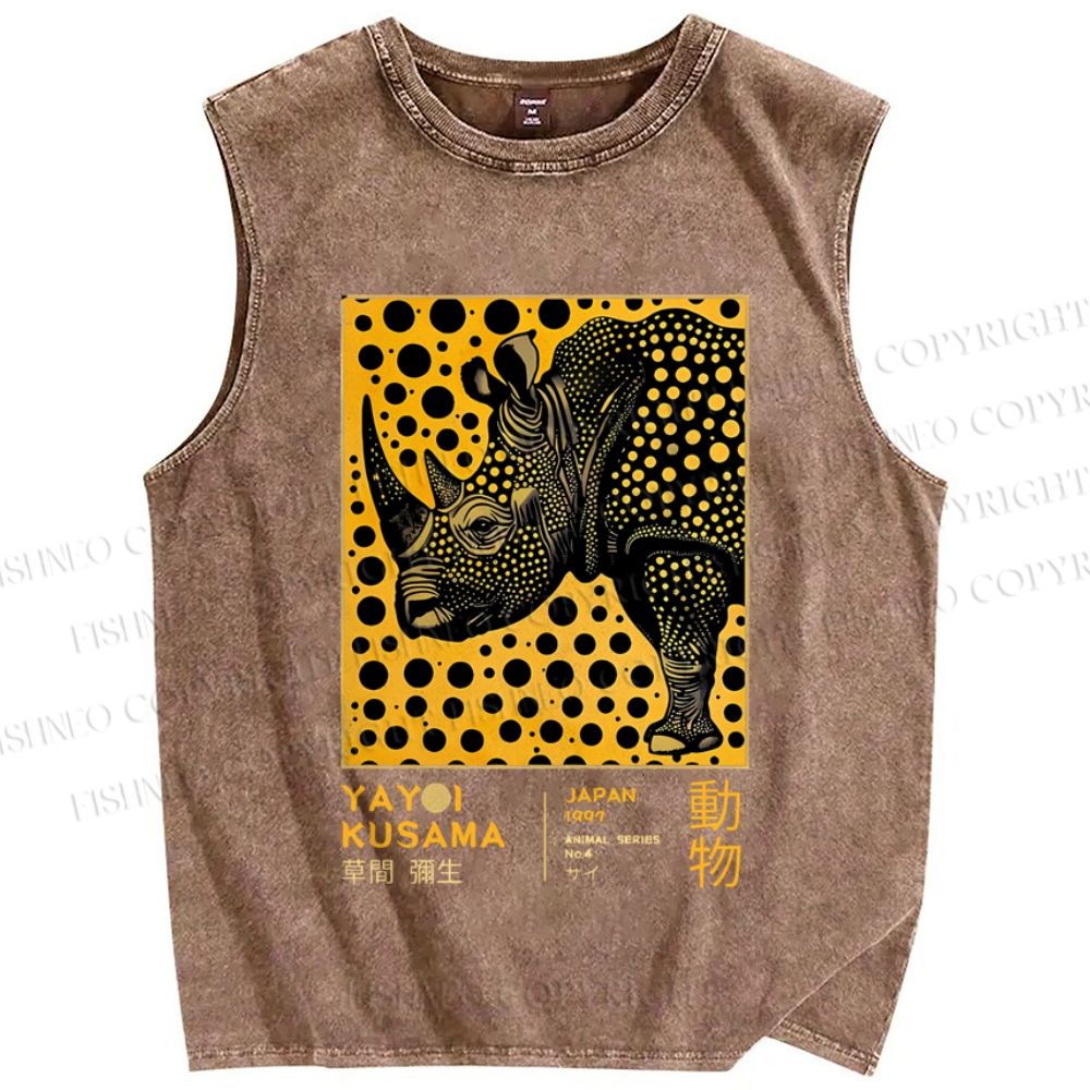 Unisex Japanese Rhinoceros Yayoi Kusama Printed Washed Tank Top